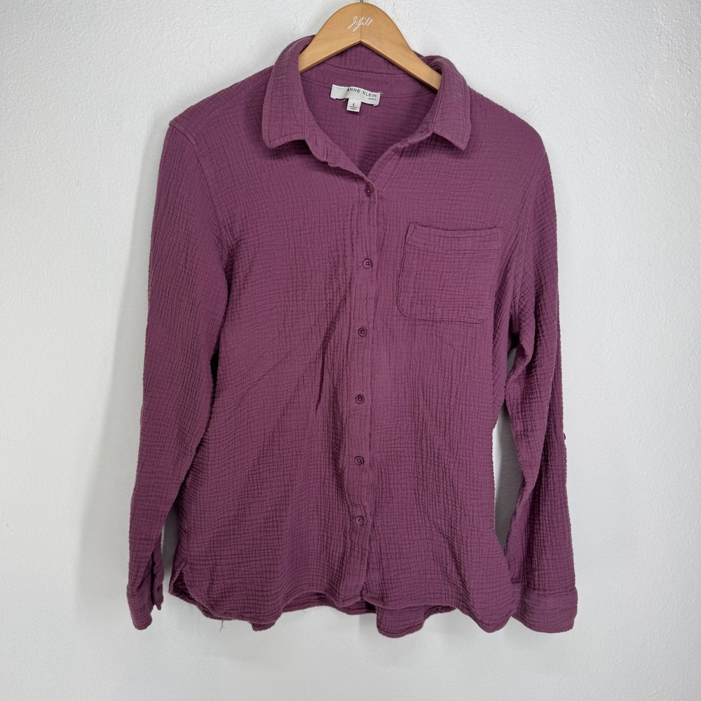 Anne Klein Cotton Gauze Roll Tab Button Shirt Size L Purple Crinkle Relaxed Fit